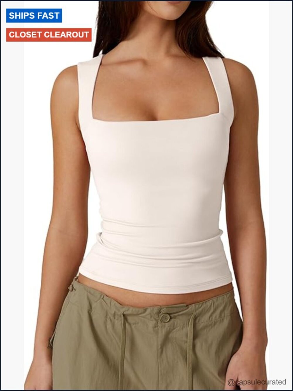 Square Neck Sleeveless Double-Layer Tank Top Basic Tight T-Shirt